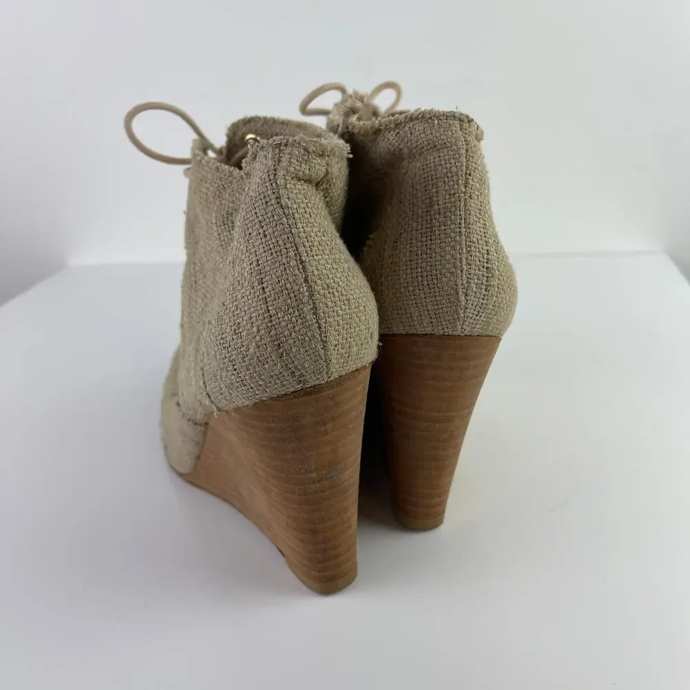 Stuart Weitzman Raffia Wood Heel Lace Up Wedge Heel Ankle Booties Size 8